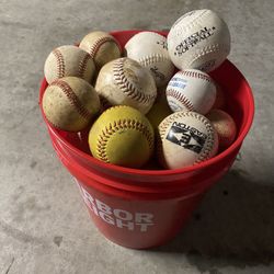 Bucket Of Softball And Baseballs