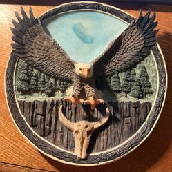 Vintage Bald Eagle Flying Over Texas Longhorn Hanging Plate
