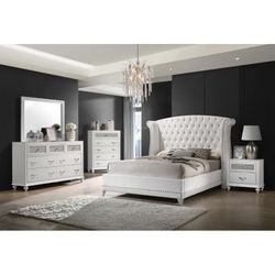 Majestic Upholstered Queen  Bed  in Soft  White Velvet , Night Stand Dresser and Mirror