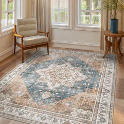 New GENIMO 5x8 Area Rugs For Living Room, Machine Washable Low Pile Rugs, Chenille Non Alip Vintage Rug For Bedroom, Dining Room, Home Office, Blue Br