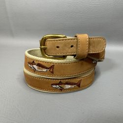 Guy Harvey Fish Webbing Belt Mens 46 Tan Leather Trim Brass Buckle Fishing Belt —show signs of use, please enlarge photos for wear
