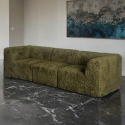 Modular Design Olive Green Faux Fur, Compressed High Density Foam Couch Sofa