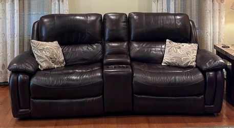 Brown Reclining Couch Set with Side Table & Lamp