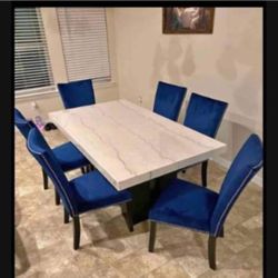 Vollardi Velvet Blue Ashley Marble Dining Table And 4 Chairs🥂 Kitchen & Dining Set🤩