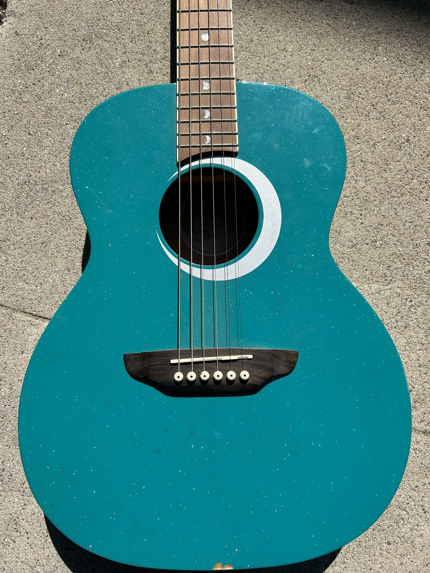 Acoustic Guitar (teal Glitter, Selenite Crystal Moon Phases Ingraved On Handle,tuner