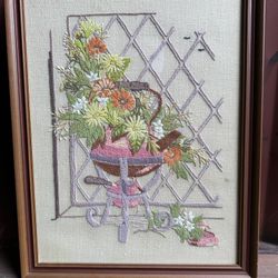 VINTAGE  Custom Framed Embroidery w/ Flower Arranged in an Antique Tea Kettle