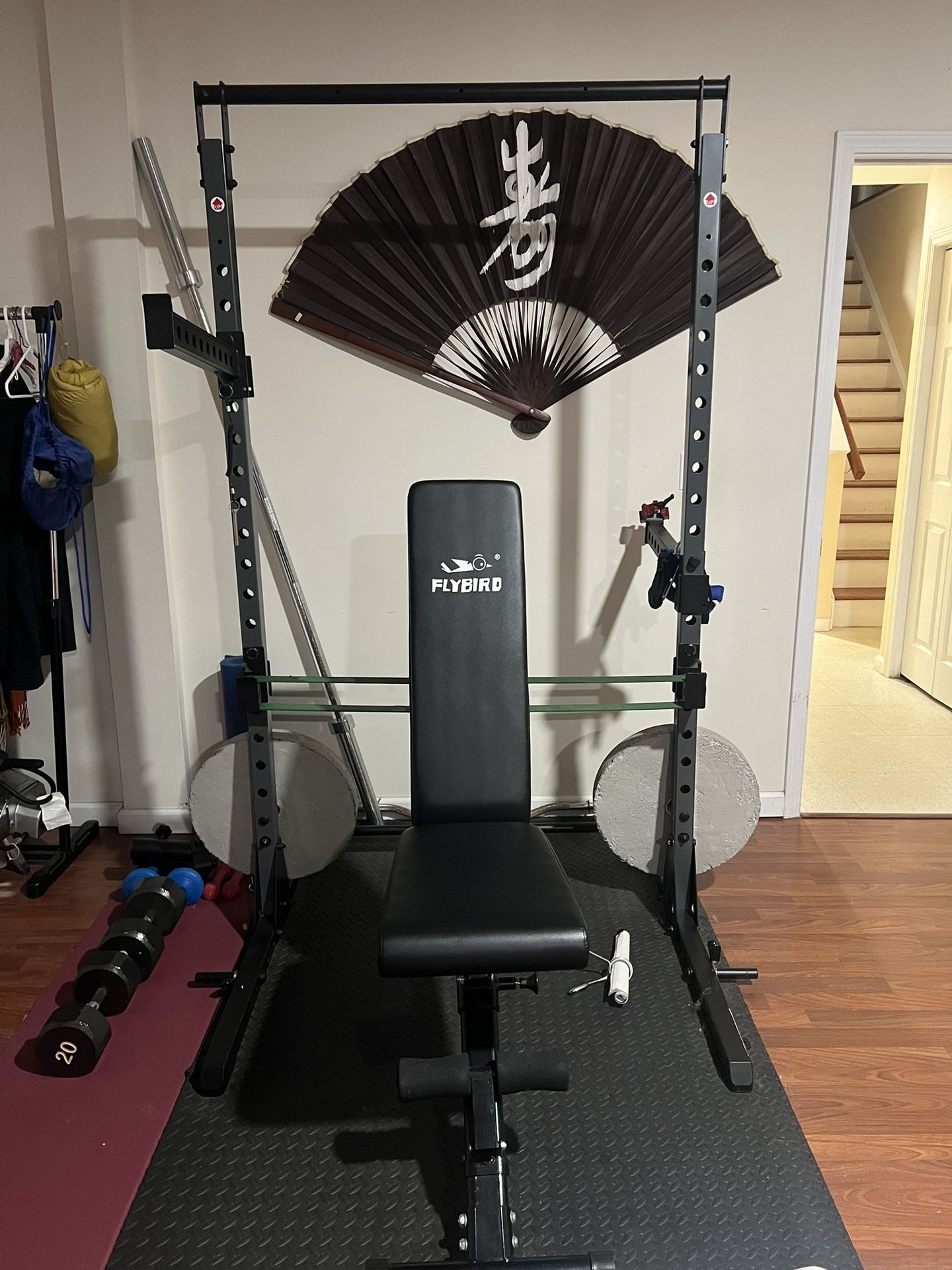 Gym rack, barbell, Weights, Adjustable Bench
