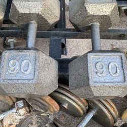 90lb Hex Iron Dumbbell Set Weights 