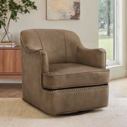 Genuine Leather 360° Swivel Accent Chair – Brown / Taupe