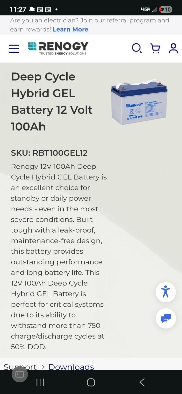 Deep Cycle Hybrid GEL Battery 12 Volt 100Ah Renogy