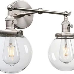 PERMO Double Sconce Vintage Industrial Antique 2-Lights Wall Sconces with Dual Mini 5.9" Round Clear Glass Globe Shade (Brushed Nickel)