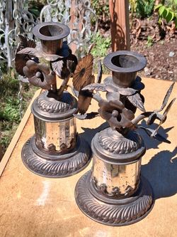 Pair Exotic Brass and Mirrored Candle Holder