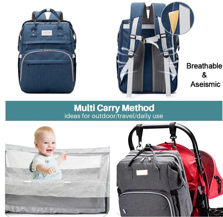 Baby Diaper Bag Backpack with Changing Station for Boy Girl, Baby Stuff Newborn Essentials Unisex Dad Mom Large Diaper Bag Bassinet Travel,Grey/Blue