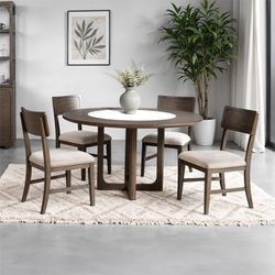 MID CENTURY MODERN 5 PIECE ROUND DINING TABLE SET STONE CENTER TOP