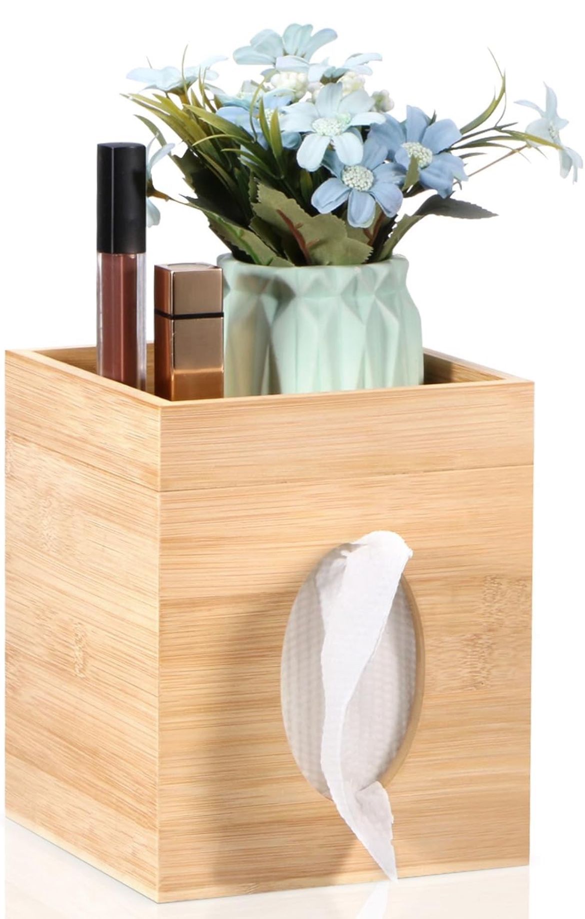 Tissue Box Cover, Bamboo Tissue Box Cover with Storage Tray Square Tissue Box Covers Holder for Bathroom, Bedroom, Dinner Table, Office, Tabletop 6" x