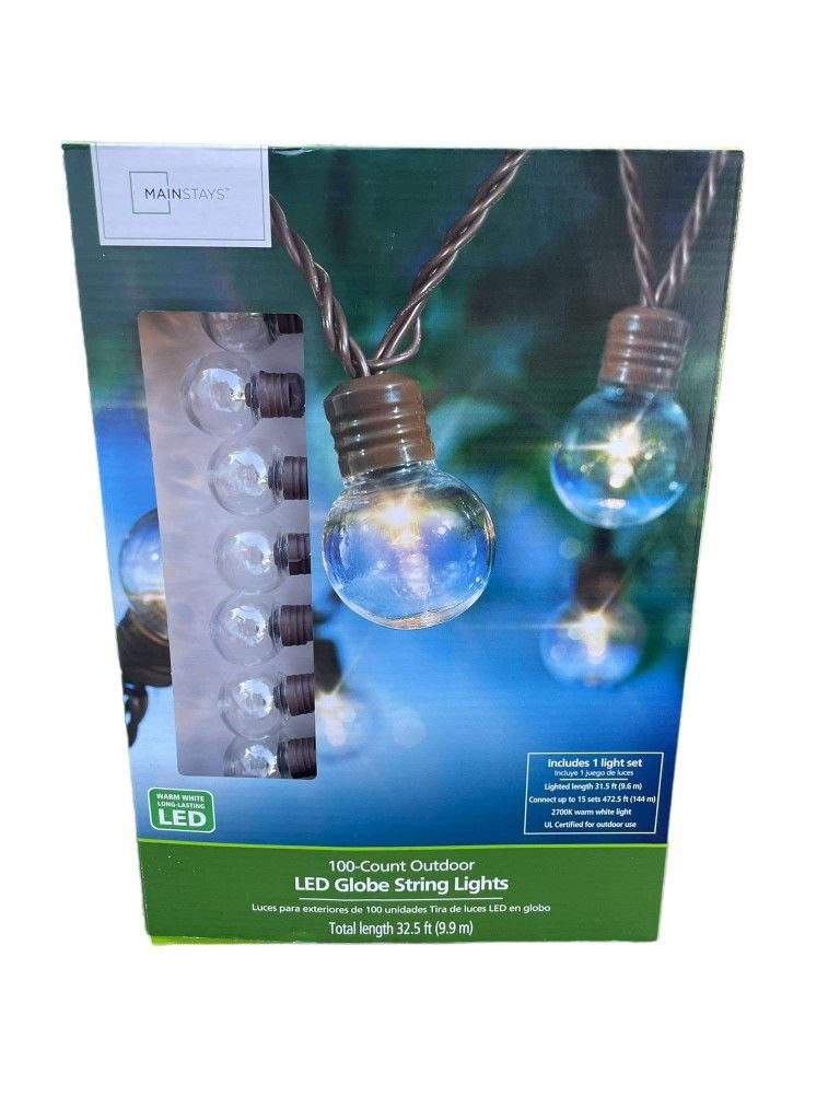 Mainstays 100-Count Outdoor LED Globe String Lights, with Brown Wire, AC Plug-in
