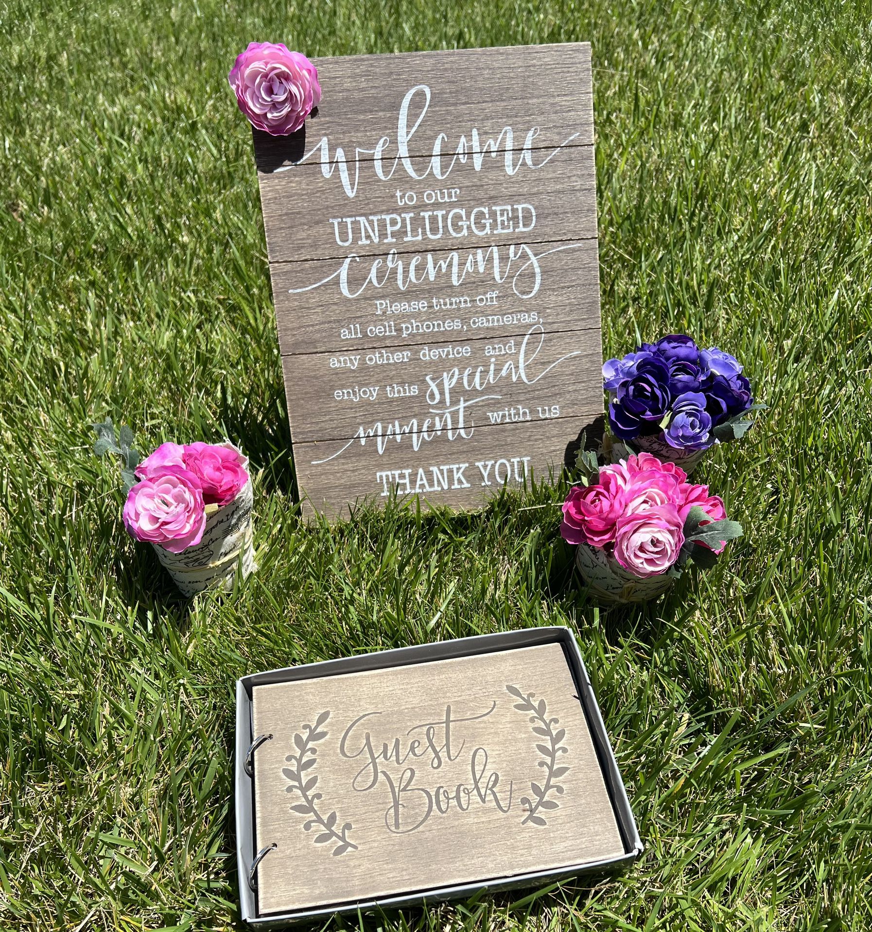 Wedding Decor: “Welcome To Our Unplugged Ceremony” Sign And Guest Book With Silk Flowers