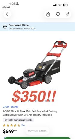 CRAFTSMAN 2xV20 20-volt, Max 21-in Self Propelled Battery Walk Mower with 9 Ah Battery Included