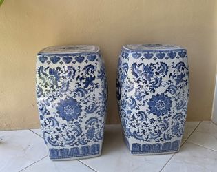 Rare Pair Vintage White & Blue Floral Vine Garden Stool,19" H x 10" W.