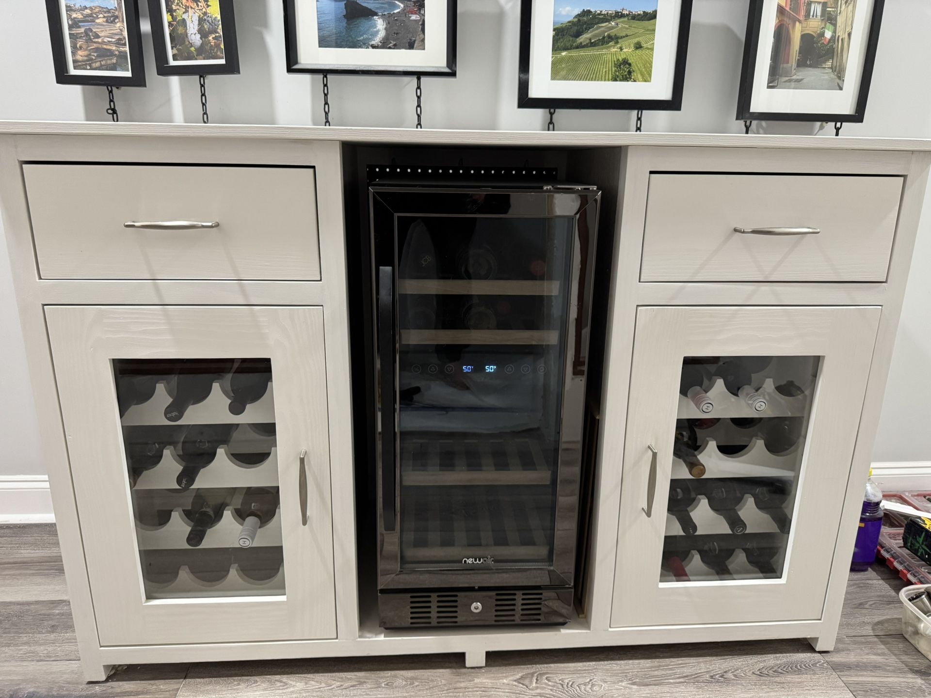 Custom wooden wine cabinet and dual zone wine fridge. Up to 68 bottle total capacity