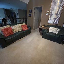 Green Leather Couch and Chair For Starter Home/Apartment
