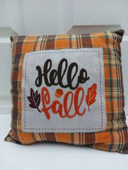 Hello Fall Autumn Harvest Plaid Decorative Throw Pillow 12x12 Rustic Farmhouse Pumpkin Season Decor