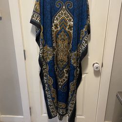 Gold Coast Caftan Muumuu Blue & Black Floral Paisley Print  Dress One Size