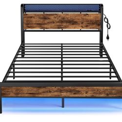 Full Size Bed Frame with LED Light and Charging station