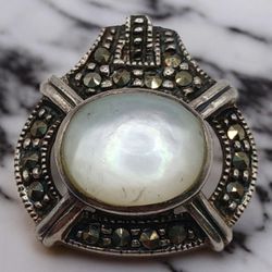 Vintage NF 925 Thailand Sterling Silver Marcasite and Mother of Pearl Pendant 