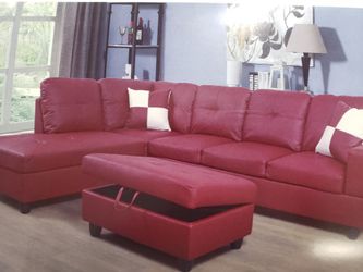 RED SECTIONAL SOFA WITH STORAGE OTTOMAN NEW IN BOX