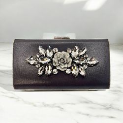 Silver and Black Clutch Purse with crystals and Rhinestones