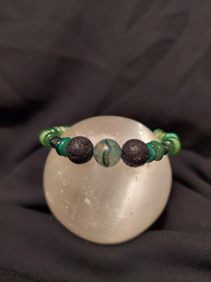 Blue Haze Fire Agate, Emerald, Red Coral Crystal Bracelet