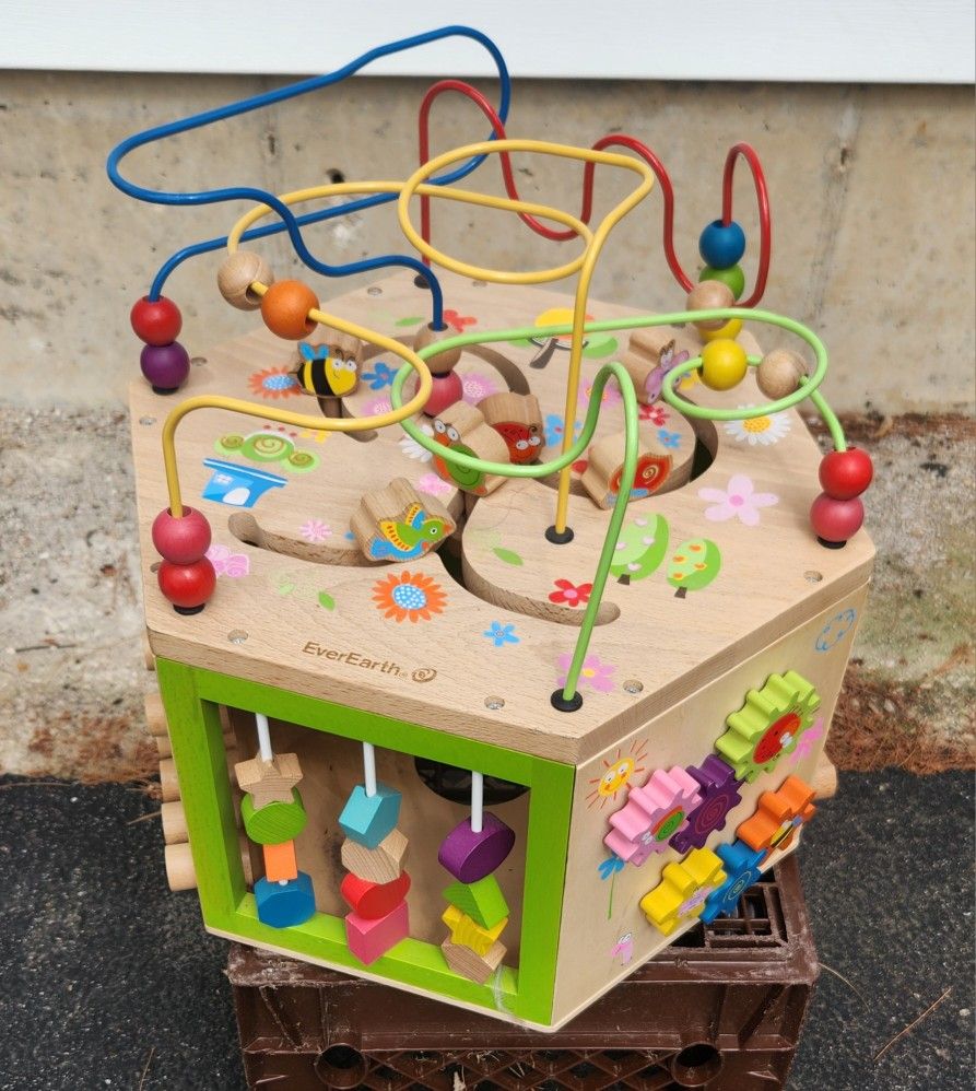 Ever Earth Garden Activity Cube. Wood Shape & Color Sorter, Bead Maze & Counting Toy