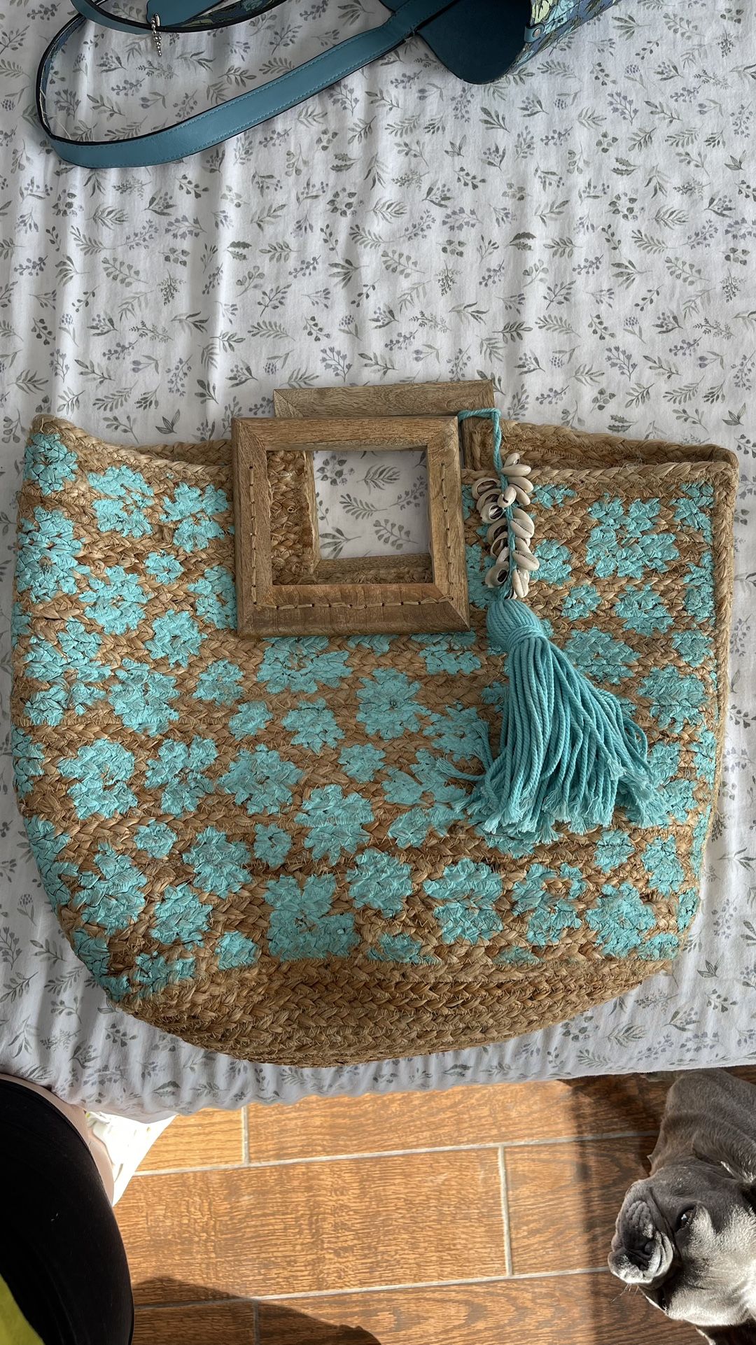 Cartera Twig & Arrow Boho Woven Jute Hand Painted Turquoise Flower Tote Beach Bag