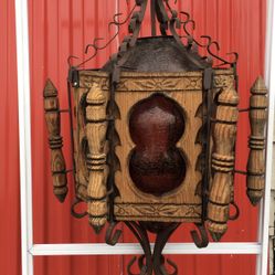 Vintage Chandelier Lamp Hand Carved Wood Frame Blown Glass Wrought Iron