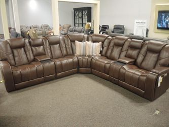 Moto Motion Merlin Coffee Leather 7 Piece Power Sectional - Coffee Brown (Sorrento Coffee) | L-Shaped Couch | Corner Couch