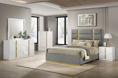 High end italian style bedroom set features sleek geometry & polished gold accent