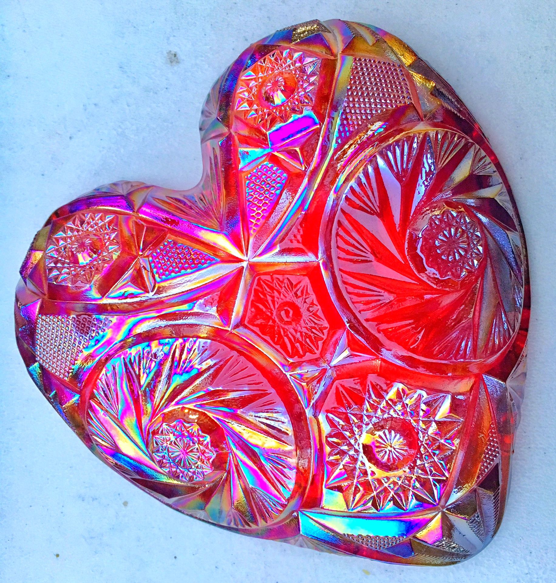 Newer Indiana glass ? Red Carnival glass heart shaped dish no damage or wear !