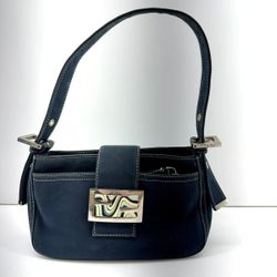 Vintage Fendi Navy Blue Canvas Cotton Silver Baguette Shoulder Bag (WMP017008)