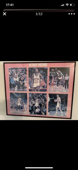 Vintage 1989 Detroit Pistons Framed Basketball Poster with Joe Dumars, Isiah Thomas, John Salley, Vinnie Johnson, Dennis Rodman, and Bill Laimbeer