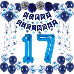 NANINUNENO 17th Blue Birthday Party Decorations For Boys Girls, Happy 17 Birthday Balloons Supplies With Happy Birthday Banner, 17 Number Balloons, Bl