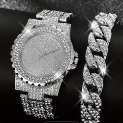 Rhinestone Watch And Bracelet 