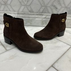 NWOT Size 6.5 Cole Haan Holis Logo Side-Buckle Brown Suede Leather Ankle Boots