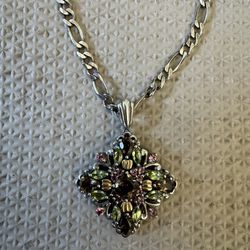 Sterling Silver 925 Figaro Chain Necklace Ornate Multicolor Gemstone Cross Italy