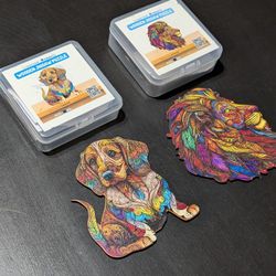 Pair of CRAFTHUB A5 Wooden Jigsaw Puzzles – Colorful Dachshund & Majestic Lion Designs