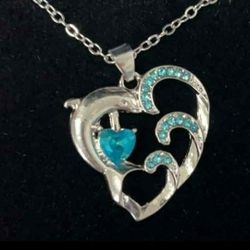 Dolphin Wave Heart Pendant Necklace 