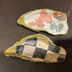 Handmade decoupage catch all shell dish in Mackenzie Childs patterns.