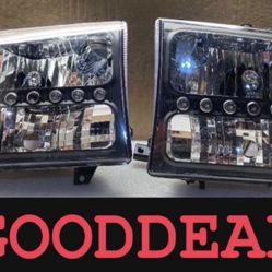 #OH117 FIT 1999-04 Ford Excursion F250/350/450/F-250/F-350/F-450 Black LED DRL Halogen Headlight Head Lights Pair Set
