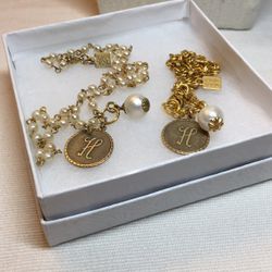 Designer John Wind Sorority Gal Script Initial H Coin and Cotton Pearl Charm Bracelet/ Necklace Set