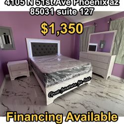 6 PCs Queen Size Led Bedroom Set White Include Bed Frame Dresser Mirror 1 Nightstand Pillow Top Mattress And Boxspring Brand New